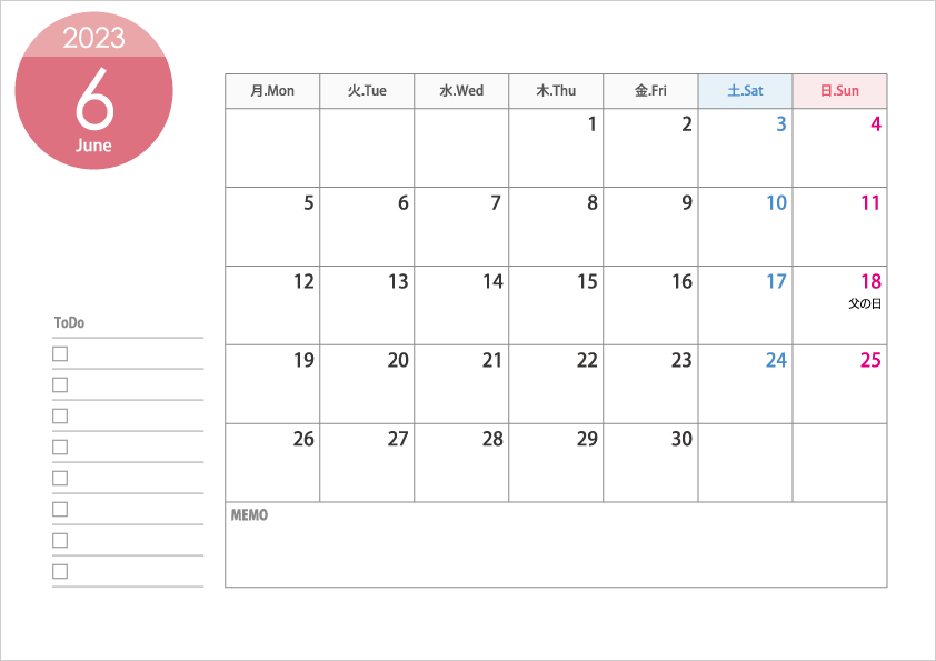 月曜始まりの23年 令和5年 6月のカレンダー 印刷用 イラスト無料 かわいいテンプレート