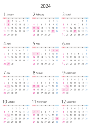 A4縦・2024年(令和6年)1月~12月の年間カレンダー_2