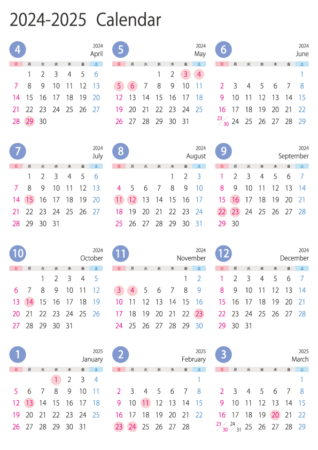A4縦・4月始まりの2024年4月～2025年3月の年間カレンダー