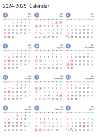 A4縦・4月始まりの2024年4月~2025年3月の年間カレンダー