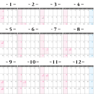 2024年（令和6年）1月～12月の年間カレンダー