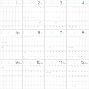 シンプルなデザインの2024年（令和6年）1月～12月の年間カレンダー