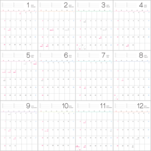 シンプルなデザインの2025年（令和7年）1月～12月の無料の年間カレンダー