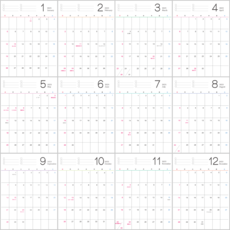 シンプルなデザインの2025年（令和7年）1月～12月の無料の年間カレンダー