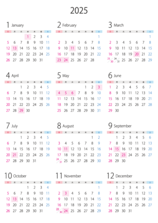 無料のA4縦・2025年（令和7年）1月～12月の年間カレンダー_2
