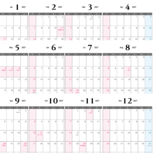 無料の2027年（令和9年）1月～12月がセットになった年間カレンダー