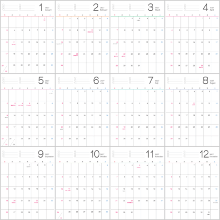 シンプルなデザインの2027年（令和9年）1月～12月の無料の年間カレンダー