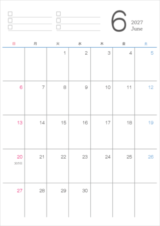 シンプルなデザインの2027年（令和9年）6月の無料のカレンダー