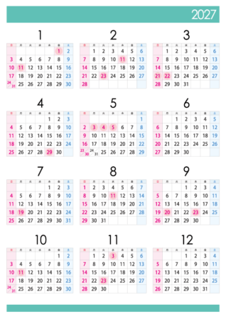 A4縦・2027年（令和9年）1月～12月の年間カレンダー