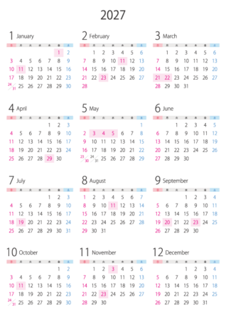 A4縦・2027年（令和9年）1月～12月の年間カレンダー_2
