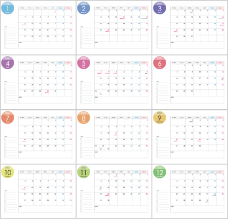 月曜始まりの2027年（令和9年）1～12月カレンダー